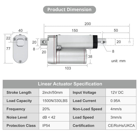 Dimensions and specifications for 12V Heavy Duty Linear Actuator 330 LBS 1500N Silent Waterproof IP54 with mounting brackets, diagram view.