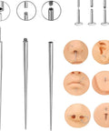Piercing Taper Ball Grabber Tool Kit For Quick Jewelry Swap With 12G 14G 16G 18G 20G Threadless Insertion Pins And Grippers shown with use on ears and nose