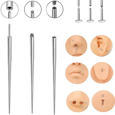 Piercing Taper Ball Grabber Tool Kit For Quick Jewelry Swap With 12G 14G 16G 18G 20G Threadless Insertion Pins And Grippers shown with use on ears and nose
