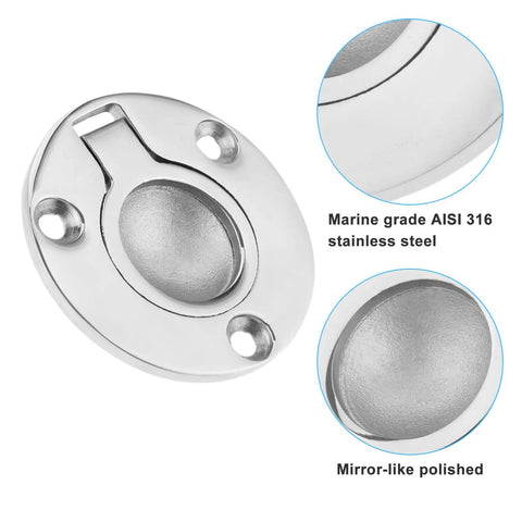 50mm Round Stainless Steel Flush Pull Ring Latch for Boats, marine-grade AISI 316, polished surface, oval recessed mount
