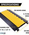 Heavy Duty Cable Protector Ramp 5 Channel 36 Inch Long Black And Yellow Rubber Wire Protector dimensions illustration