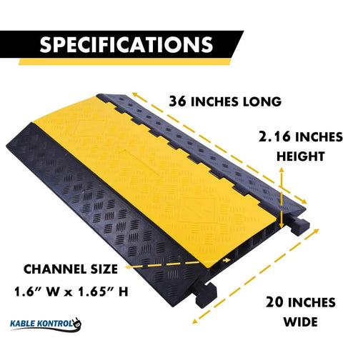 Heavy Duty Cable Protector Ramp 5 Channel 36 Inch Long Black And Yellow Rubber Wire Protector dimensions illustration