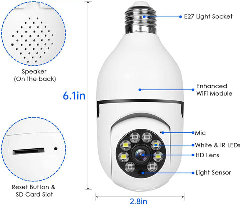 Outdoor WiFi Lightbulb Security Camera With 360 Degree View And 2.4G WiFi HD Night Vision Two Way Audio Light Socket Mount Motion Detection No Fuss Smart Home Setup Weather Resistant Bulb Cam detailing E27 socket, speaker, and lens features.