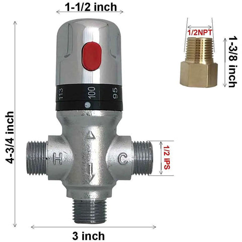 Three Way Thermostatic Mixing Valve With 1/2NPT Connections In Solid Brass With Fahrenheit Markings and US Standard Fittings
