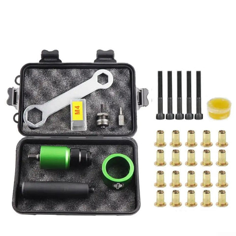 Transform Your Drill Into A Power Riveting Tool With This Sleek Nutsert Adapter Kit, Featuring Five Size Mandrels And Twenty Heavy Duty Nuts For Top Tier Automotive Repairs And Home Improvement Projects Made Easy. kit with five mandrels, M4 parts, and brass nuts