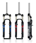 Three 26 Inch Mountain Bike Suspension Forks 100mm Travel One And One Eighth Inch Steerer Quick Release Manual Lockout in black and gray