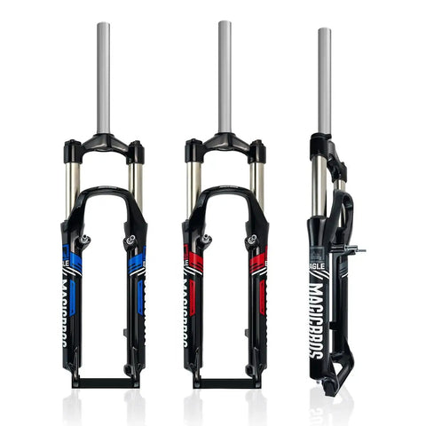 Three 26 Inch Mountain Bike Suspension Forks 100mm Travel One And One Eighth Inch Steerer Quick Release Manual Lockout in black and gray