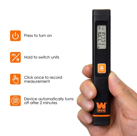 Pocket Laser Distance Measure With Imperial And Metric Switch, Ultra Compact Pen Style Tool Weighing Just Two Ounces, Ranges From 1.7 To 32 Feet, Delivers One Quarter Inch Precision For Quick DIY Measurements, held in hand