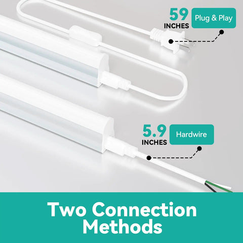 Image showing 8 Pack 4Ft LED Shop Lights With 2000LM 6500K Super Bright White, highlighting plug-and-play and hardwire connection methods.