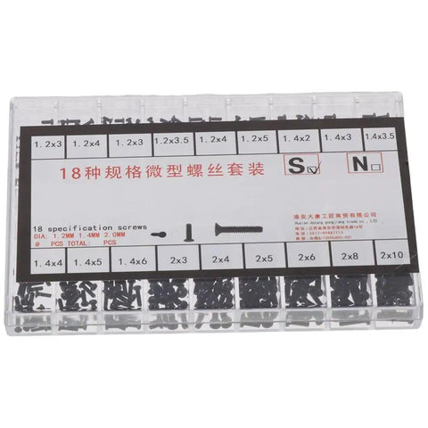 Small Screws Assortment Kit With 18 Kinds M1.2 M1.4 M2.0 Mini Micro Screws Set package with compartment view, black screws.