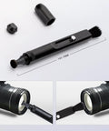 VSGO V-P01E lens cleaning pen, black double-ended brush with soft bristles and retractable tip, side view.