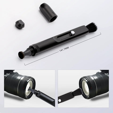 VSGO V-P01E lens cleaning pen, black double-ended brush with soft bristles and retractable tip, side view.