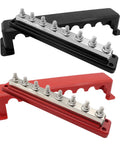 Heavy Duty 600A Battery Busbar 12 To 48V DC Power Distribution Block in black and red with nickel plated copper and M10 studs.