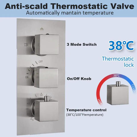 Brushed Nickel Shower System With 12 Inch LED Rain Head And Six Body Sprays Hand Shower Wall Mounted Thermostatic Brass Valve.