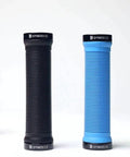 Four colorful bike handlebar grips, including Bike Handlebar Grips Dual Lock-On Clamps, Grippy Ergonomic Rubber and Aluminum Alloy MTB BMX Downhill Grip, Comfortable Non Slip Bar End Locks, Reduces Fatigue on Long Rides, 5.11 Inch Length, shown in red, black, blue, and green, standing upright on a white background.