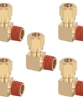 Five brass 90-degree DOT compression elbow fittings with red threaded ends, 1/4 in tube OD x 1/4 in NPT