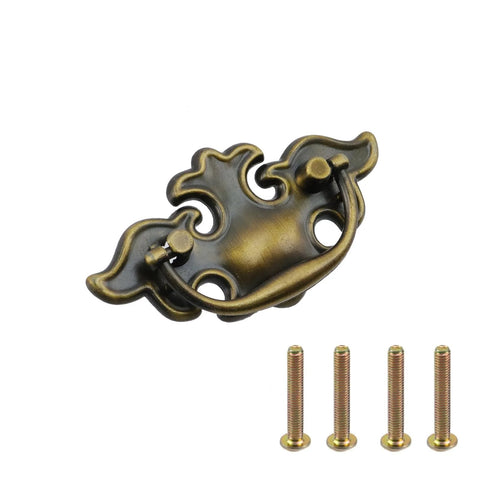 Antique Brass Ring Pull Handles for cabinets and drawers, vintage drop ring knobs with screws, two pack, zinc alloy, rust resistant