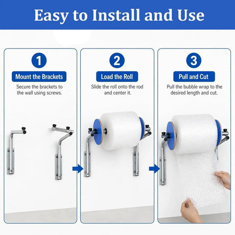 Instructions for No Sweat Wall Mounted Bubble Wrap Dispenser And Foam Cushion Roll Holder setup and use steps.