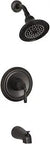 Oil rubbed bronze Devonshire Rite-Temp bath and shower valve trim with lever handle, faceplate, and anti-scald design.