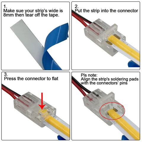 12 Pack 8mm COB LED Strip Light Connectors 2 Pin Solderless Transparent Track Lighting Adapter With 6M 19.68 Foot Wire Extension Cable For White Warm White Natural White LED Tape 12V 24V installation guide