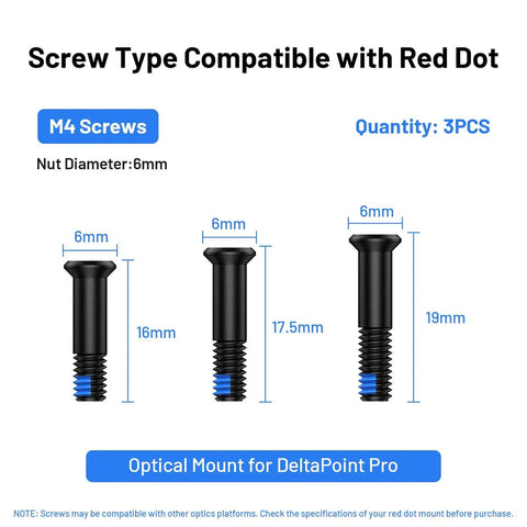 Red Dot Optics Screw Kit With M4 Screws 6mm Diameter Including 16mm, 17.5mm, And 19mm Lengths, Stainless Steel Blue Thread Locker