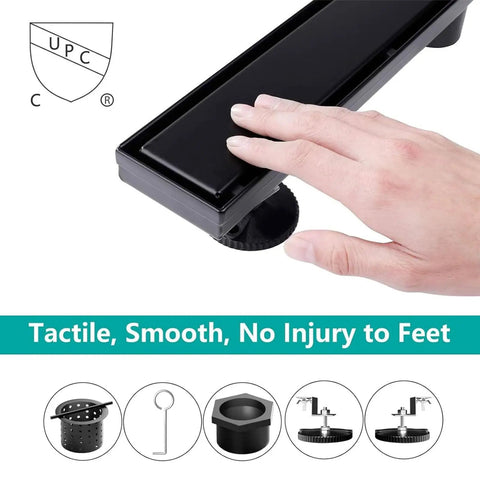Hand touching 24 Inch Matte Black Linear Shower Drain With Hair Catcher And Leveling Feet, rectangle tile insert, 304 steel.
