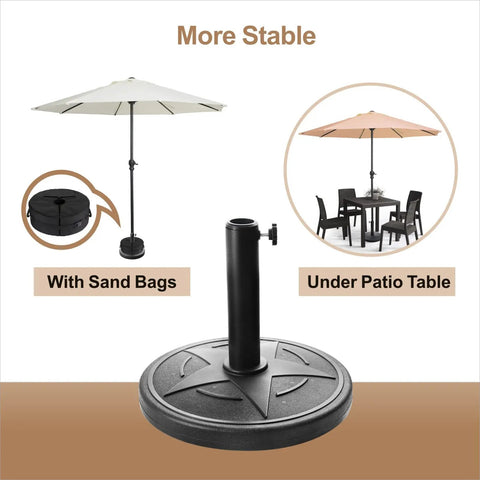 Weighted Patio Umbrella Base 23lbs Heavy Duty Outdoor Umbrella Stand Built To Last For Lawn Yard Deck Poolside Sturdy HDPE And Concrete Base For Stable Umbrella Support shown with patio setup