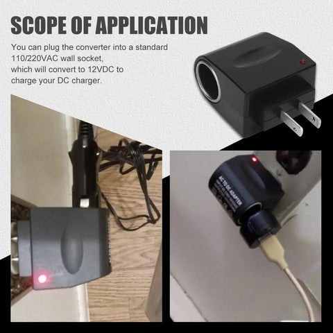 Road Ready 12V To Dc Car Cigarette Lighter Power Adapter With Rugged Abs Shell and Corrosion Resistant Pins, plugged into wall