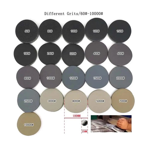 Heavy Duty 120 Piece Sanding Discs With Hook And Loop Backing For Wet Or Dry Detailing showing various grit levels from 60 to 10000.