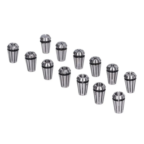 13-piece ER11 Spring Collet Set 1.0mm To 7.0mm for Milling and Lathe, arranged in a row, made of spring steel.