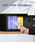 Open Digital Safe Box With Sensor Light And Electronic Keypad, showing cash inside, sturdy steel construction, mounted on cabinet.