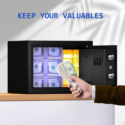 Open Digital Safe Box With Sensor Light And Electronic Keypad, showing cash inside, sturdy steel construction, mounted on cabinet.