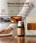 All In One Wood Repair Kit For Furniture Floors And Doors Scratch Remover And Color Restorer Easy DIY Wood Filler shown with bottles and packaging