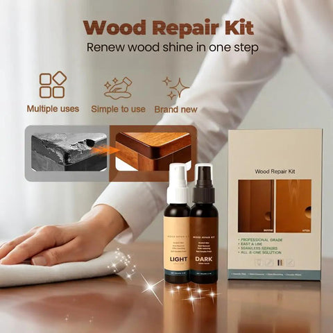 All In One Wood Repair Kit For Furniture Floors And Doors Scratch Remover And Color Restorer Easy DIY Wood Filler shown with bottles and packaging