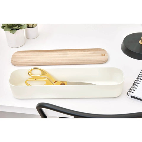 Recycled Plastic Drawer Organizer Bin With Paulownia Wood Lid, Ultra Compact 3.6 By 14.4 By 2.4 Inches, Coconut Finish on desk.