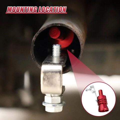 Red YoRise exhaust whistle installed inside car tail pipe with mounting bolt and clamp.