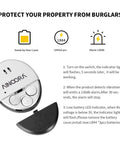Four Pack Window Alarm Set With 130dB Glass Break Sensor And Vibration Alarm For Homes, Offices, Apartments, And RVs Ultra Slim Easy Install Ideal For Quick Setup And Maximum Deterrence No Wires Needed Instant Alerts. Round plastic alarm with LR44 batteries and cover.