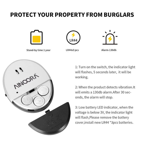 Four Pack Window Alarm Set With 130dB Glass Break Sensor And Vibration Alarm For Homes, Offices, Apartments, And RVs Ultra Slim Easy Install Ideal For Quick Setup And Maximum Deterrence No Wires Needed Instant Alerts. Round plastic alarm with LR44 batteries and cover.