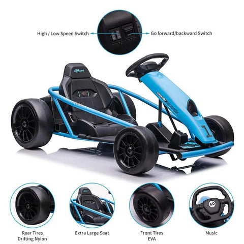Dual 300W Go Kart For Kids With 24V System, Eight Point One MPH Top Speed, 9Ah Battery, Drift Ready Ride On Toy displayed