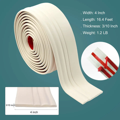 Peel And Stick Baseboard Molding Trim 4 Inch Wide Sixteen Point Four Feet Long Vinyl Wall Baseboard Molding shown rolled up