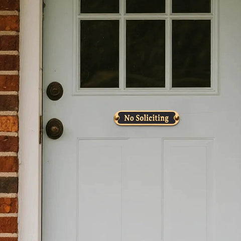 No Soliciting Sign 5 Inch Brushed Matte Brass Finish With Hidden Screws And Nanotape Adhesive on Front Door Wall Decor