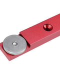 Close-up of Rock Solid Aluminum Miter Bar Slider for Table Saw and Router Table with red aluminum rail and stainless steel runner.