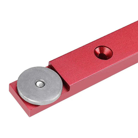 Close-up of Rock Solid Aluminum Miter Bar Slider for Table Saw and Router Table with red aluminum rail and stainless steel runner.