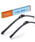 Premium All Season Windshield Wiper Blades Set Of 2, 26 And 16 Inch Fit, showcasing curved blades and packaging in a clean layout.