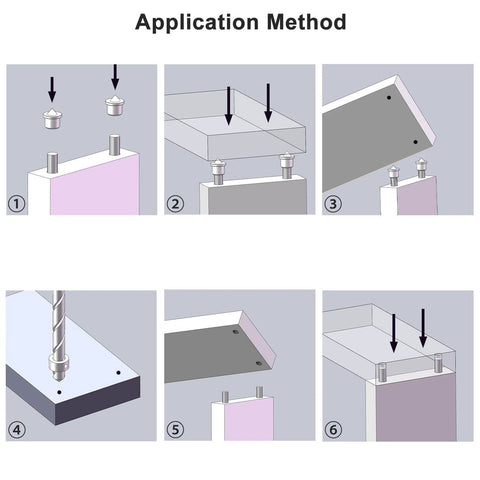 Application method of 24 Piece Dowel Center Pins for Woodworking Kit, showing step-by-step alignment and drilling process.