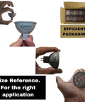 Hand holding Hot 6.5W LED MR16 Bulbs Pack Of 12, 2700K Warm White, 500 Lumen Output, 40 Degree Beam, GU5.3 Bi-Pin Base, efficient packaging