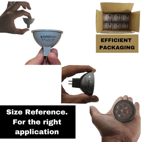 Hand holding Hot 6.5W LED MR16 Bulbs Pack Of 12, 2700K Warm White, 500 Lumen Output, 40 Degree Beam, GU5.3 Bi-Pin Base, efficient packaging