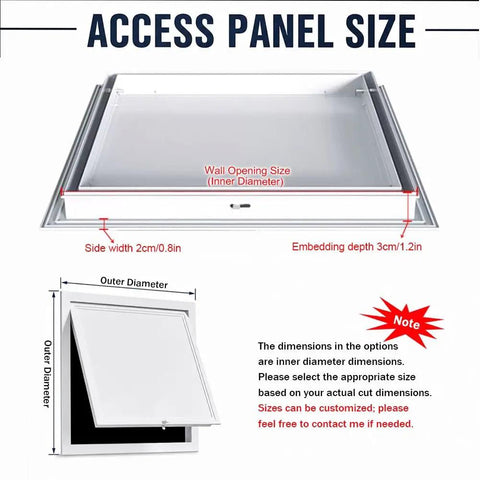 Slick White Attic Access Panel Door For Drywall With Zero Fuss Install Sturdy Aluminum Frame dimensions and notes for installation.