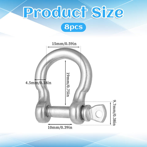Diagram showing dimensions of Eight Pack Heavy Duty Screw Pin Anchor Shackles Three Sixteenth Inch 304 Stainless Steel D Ring Bow Clevis Shackle For Traction Chains Wirerope Paracord And Outdoor Camping Gear