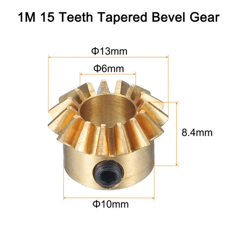 Brass 15 Teeth Bevel Gear with 6mm Bore, 1M Tapered Design, Two Pack Bevel Gear Set 0.8 Module 1 To 1 Ratio 15 Teeth 6mm Bore Bevel Pinion Gear 45 Degree Steering Gear For Hardware Mechanical Rotation Yellow Applications
